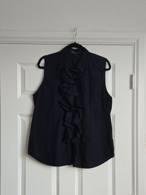 Ralph Lauren Navy Sleeveless Ruffle-Front Blouse